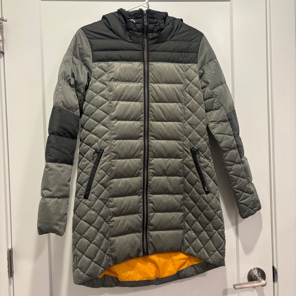 Lole Gray Quilted Puffer Jacket Womens Medium Waterproof DWR Hooded Full Zip